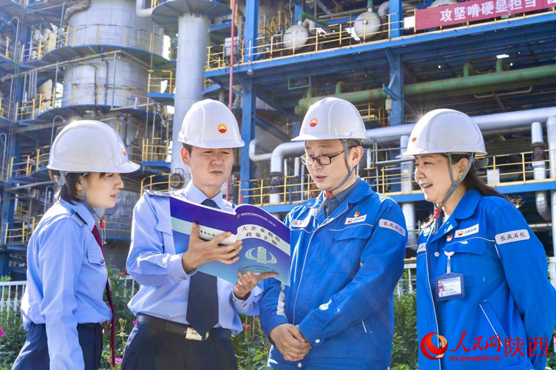 咸陽市稅務局第一稅務分局積極落實大企業(yè)"總對總"服務溝通機制工作要求，組建青年黨員干部先鋒隊進駐大企業(yè)擔任大企業(yè)"首席聯(lián)絡員"和專屬服務管家，精準推送行業(yè)稅收政策，精確提供稅收風險預警服務，精心幫助企業(yè)解決問題。人民網(wǎng)記者王晴垣 攝